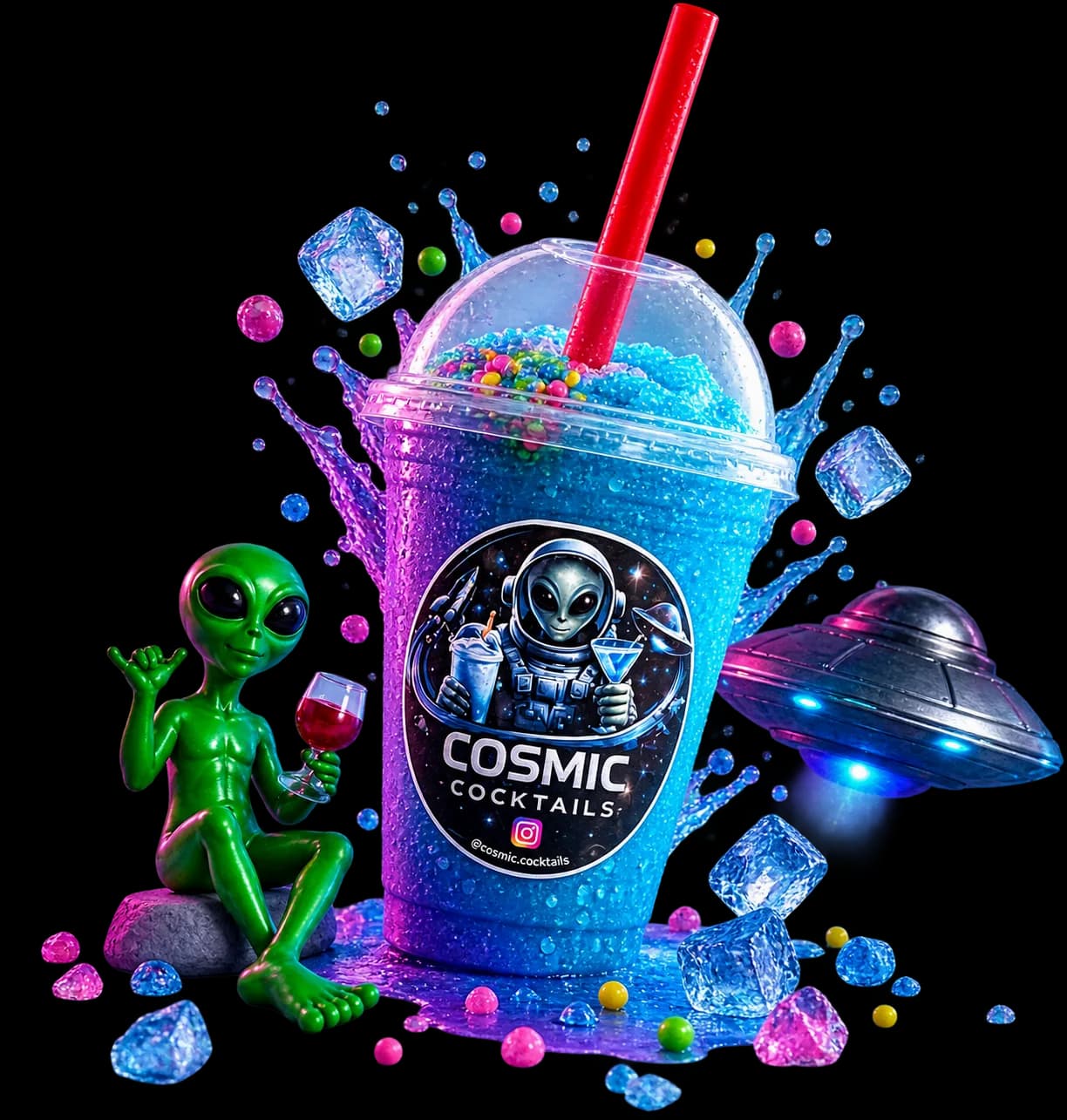 Cóctel Cosmic Cocktails iluminado por una nave espacial